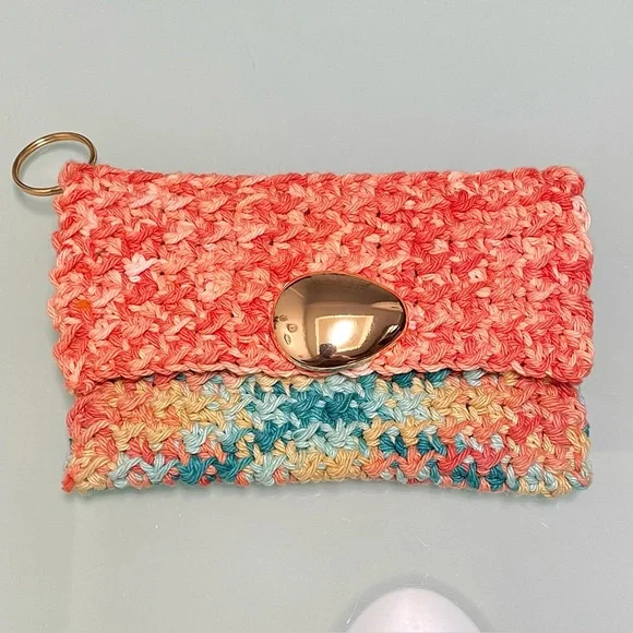 New Handcrafted joyful Multicolor Crochet hand knit Clutch pouch coral teal - Picture 3 of 9